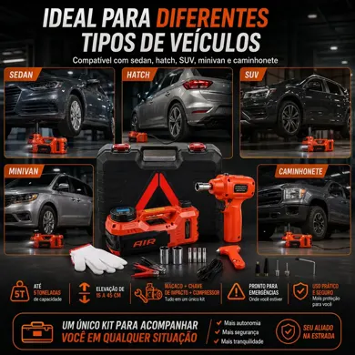 Kit em uso em diferentes tipos de veículos: sedan, hatch, SUV, minivan e caminhonete